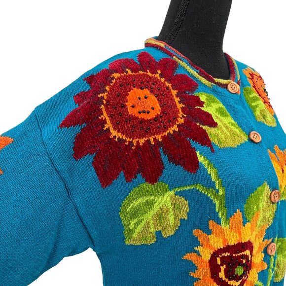 Design Options Philipe Jayne Bright Pattern Floral Blue  Cardigan Sweater Size L - Picture 6 of 8